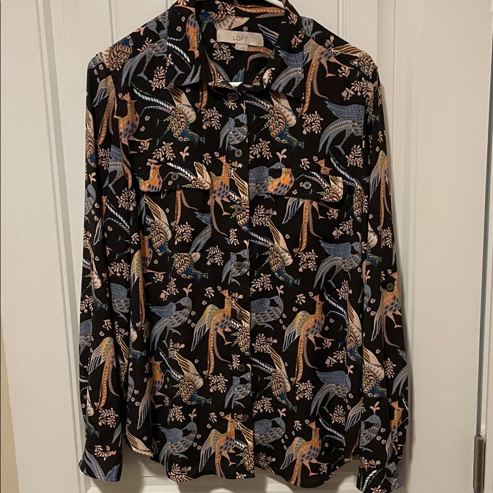 LOFT Womens Multicolor Bird Print Shirt - Picture 1 of 4